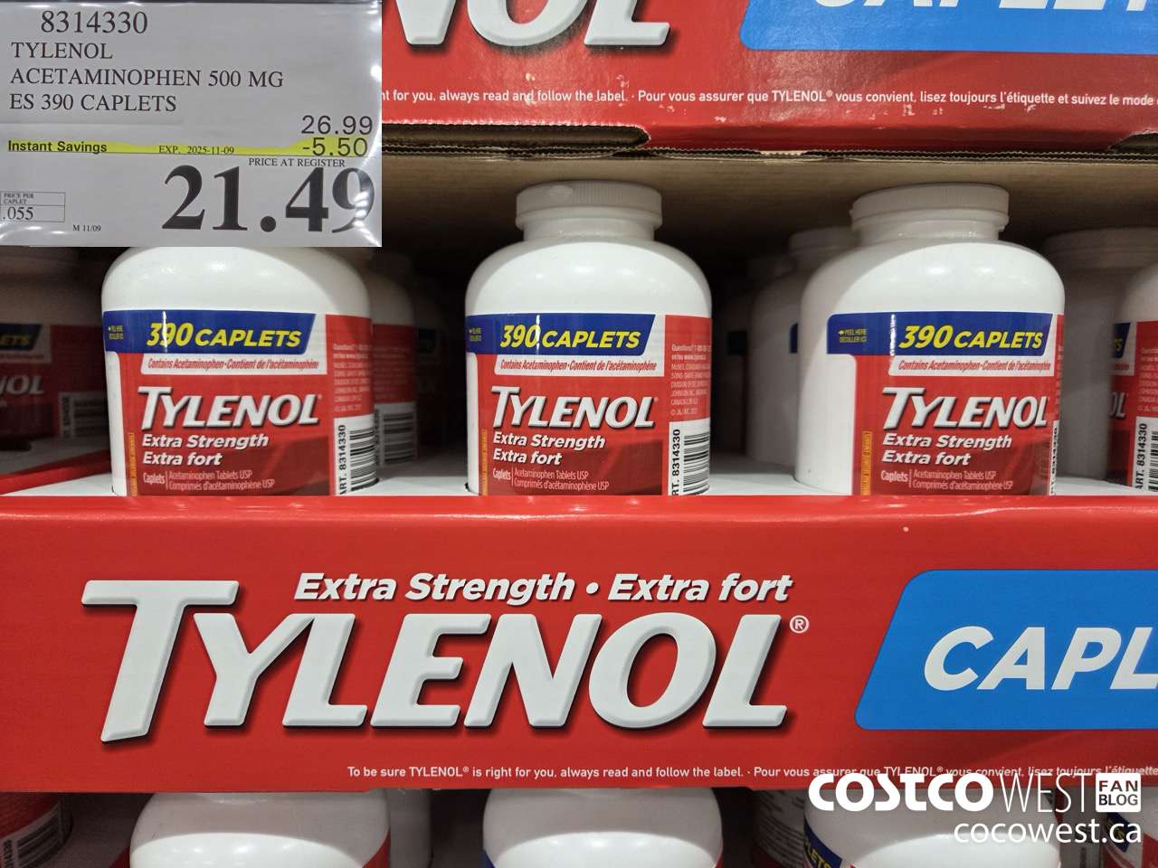 8314330 TYLENOL ACETAMINOPHEN 500MG ES 390 CAPLETS ($5.50 INSTANT SAVINGS EXPIRES ON 2025-11-09) $21.49