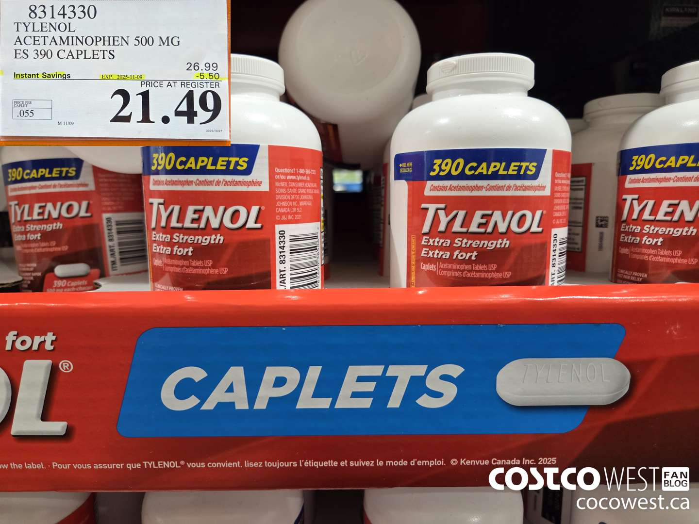 8314330 TYLENOL ACETAMINOPHEN 500MG ES 390 CAPLETS ($5.50 INSTANT SAVINGS EXPIRES ON 2025-11-09) $21.49