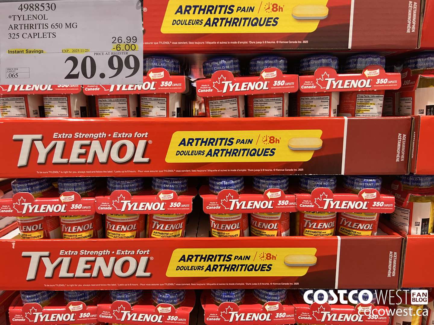 4988530 TYLENOL ARTHRITIS 650MG 325 CAPLETS ($6.00 INSTANT SAVINGS EXPIRES ON 2025-11-23) $20.99