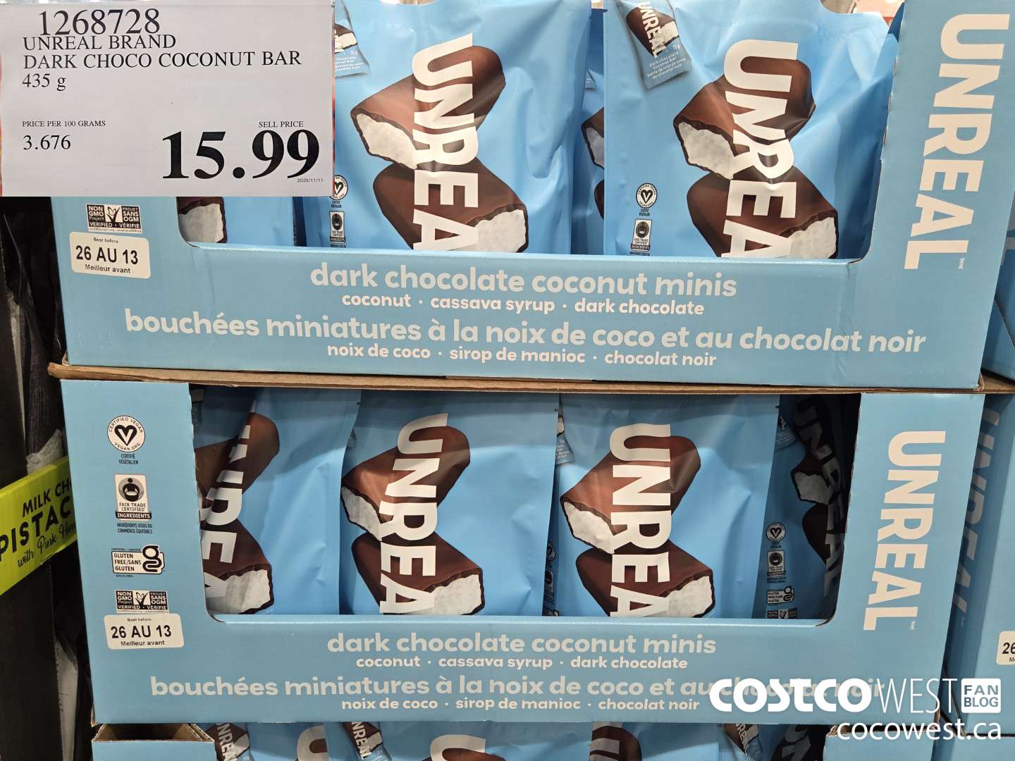 1268728 UNREAL DARK CHOCOLATE COCONUT BAR 435 G $15.99