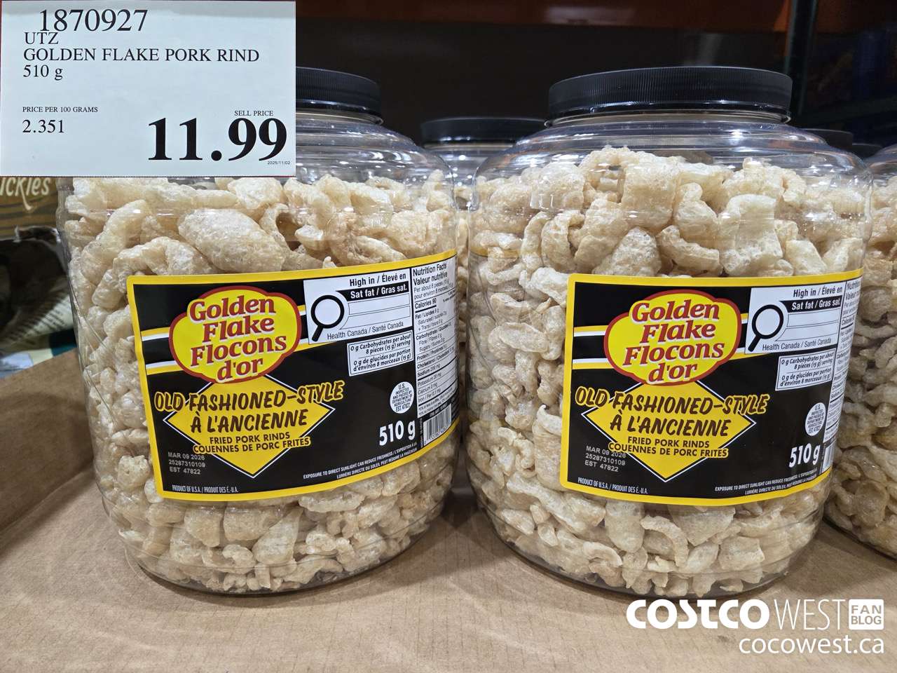 1870927 UTZ GOLDEN FLAKE PORK RIND 510G $11.99