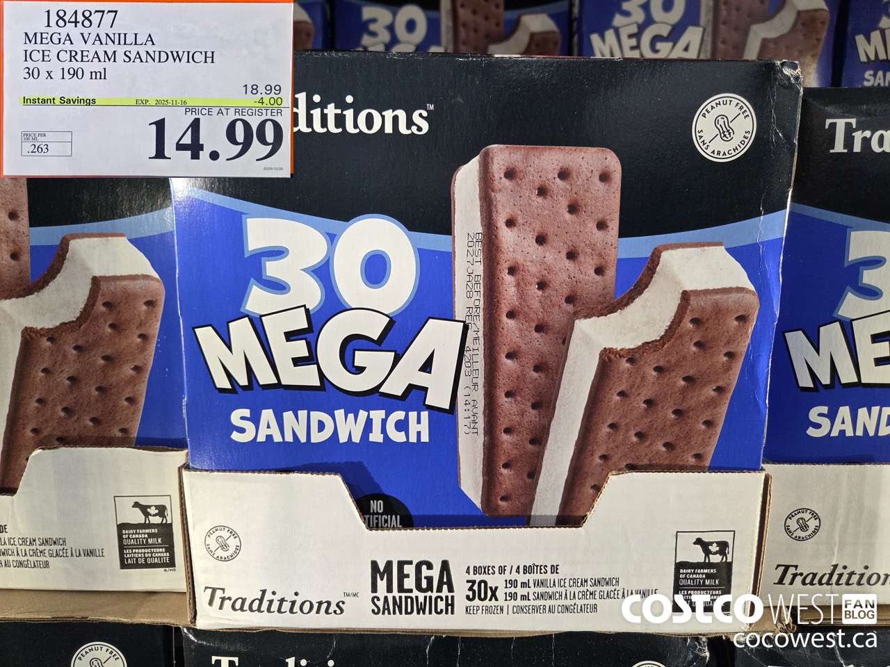 184877 VANILLA MEGA ICE CREAM SANDWICH 30 X 190 ML ($4.00 INSTANT SAVINGS EXPIRES ON 2025-11-16) $14.99