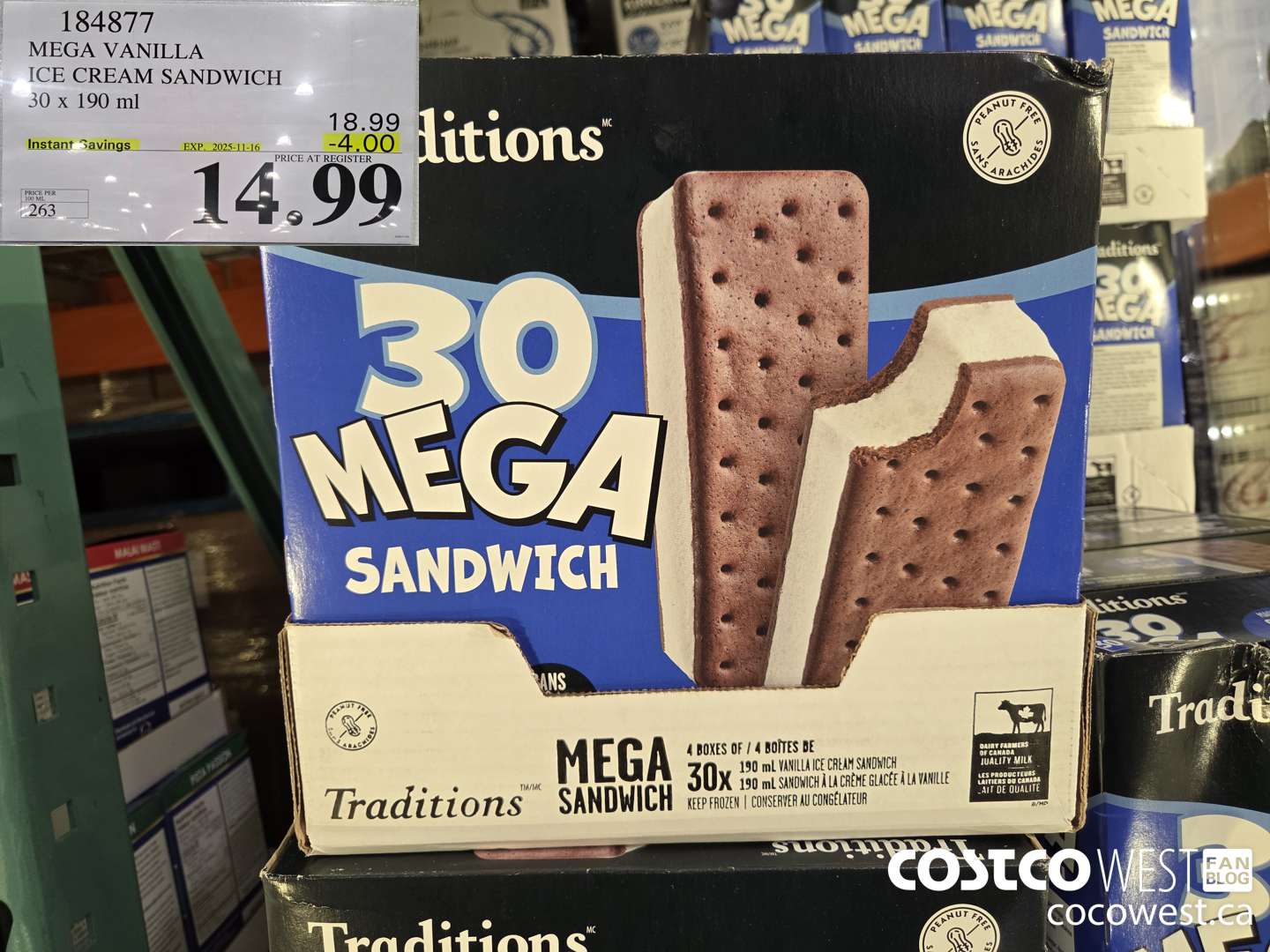 184877 VANILLA MEGA ICE CREAM SANDWICH 30 X 190 ML ($4.00 INSTANT SAVINGS EXPIRES ON 2025-11-16) $14.99