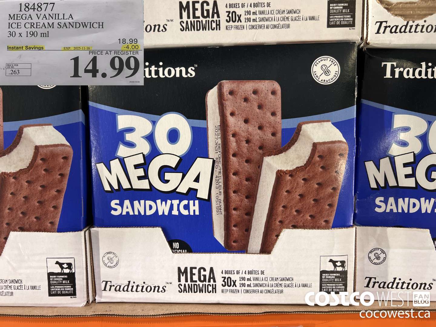 184877 VANILLA MEGA ICE CREAM SANDWICH 30 X 190 ML ($4.00 INSTANT SAVINGS EXPIRES ON 2025-11-16) $14.99