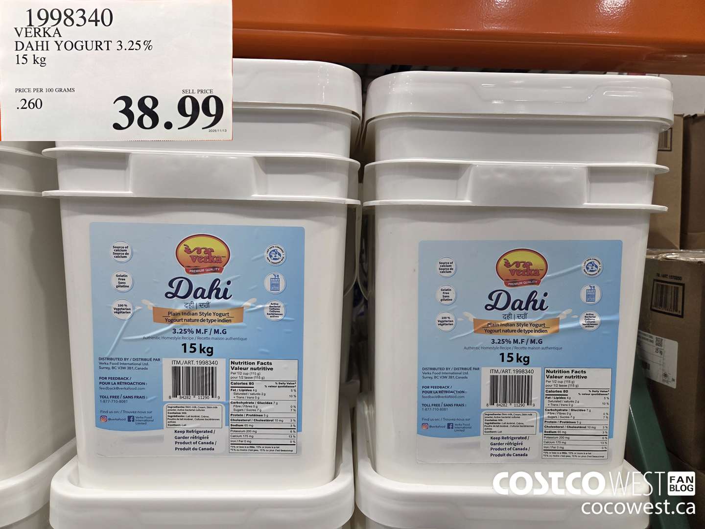 1998340 VERKA DAHI YOGURT 3.25% 15 kg $38.99