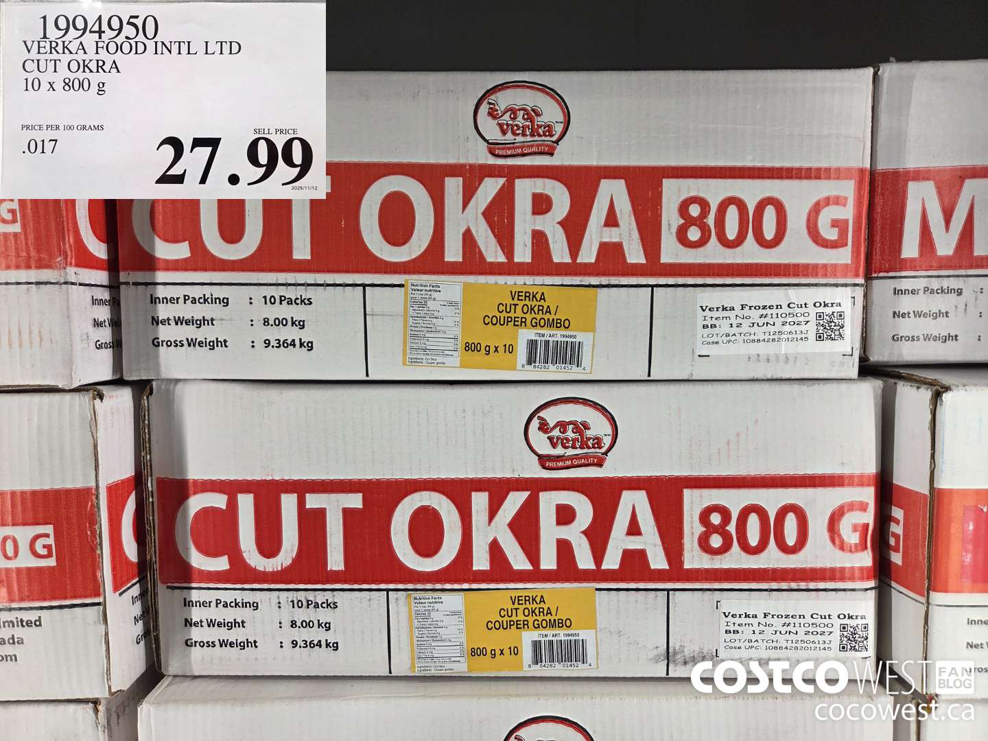 1994950 VERKA FOOD INTL LTD CUT OKRA 10 x 800 g $27.99