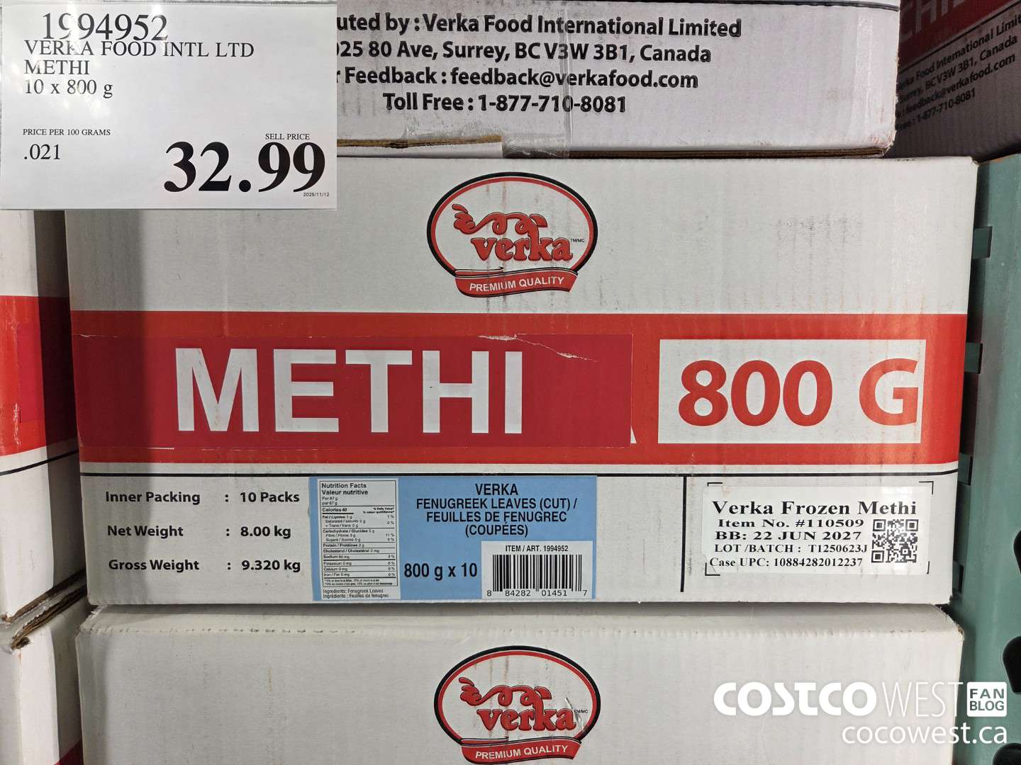 1994952 VERKA FOOD INTL LTD METHI 10 x 800 g $32.99