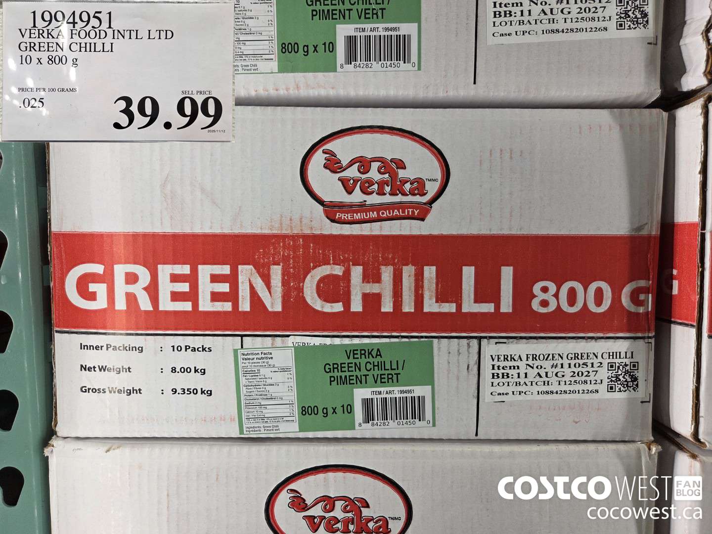 1994951 VERKZ FOOD INTL LTD GREEN CHILLI 10 x 800 g $39.99