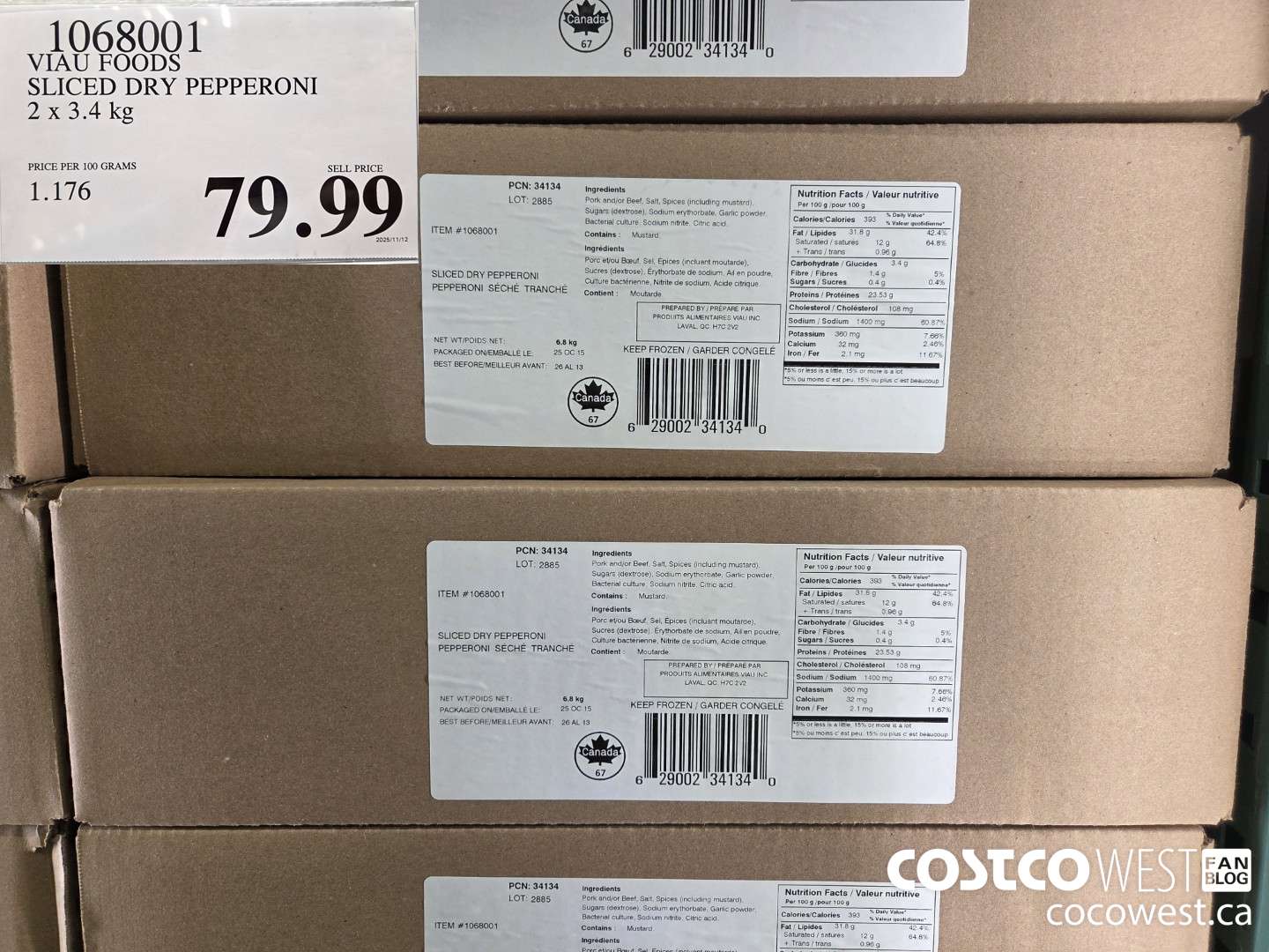1068001 VIAU FOO SLICED DRY PEPPERONI 2 x 3.4 kg $79.99