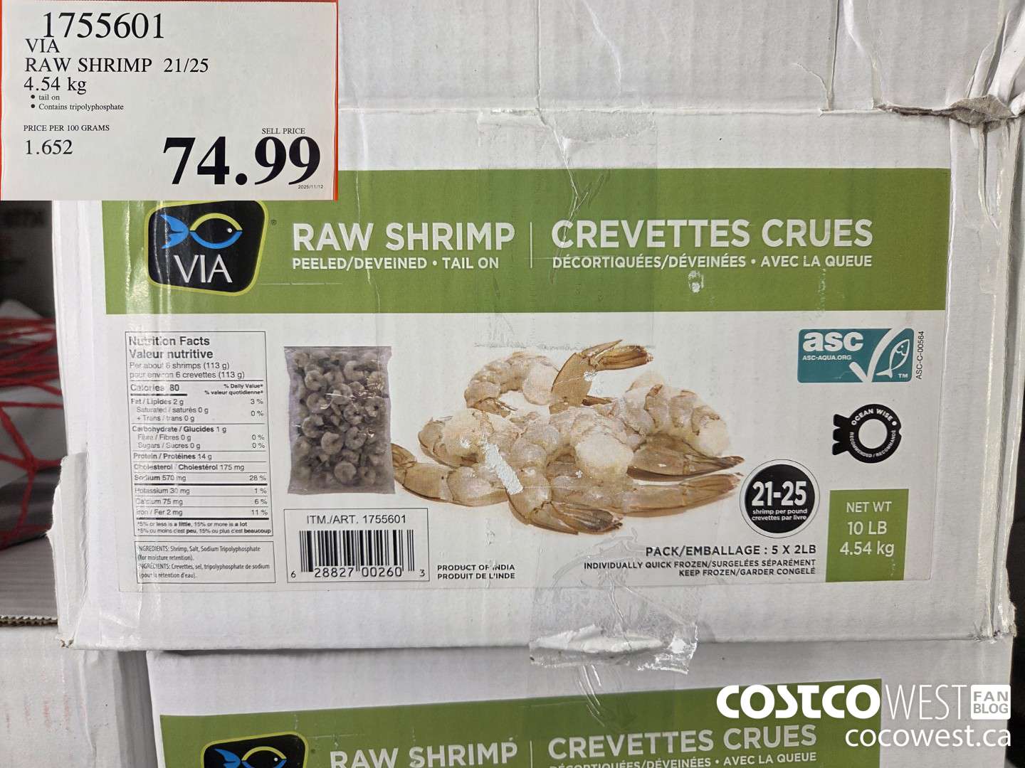 1755601 VIA RAW SHRIMP 21/25 4.54 kg $74.99