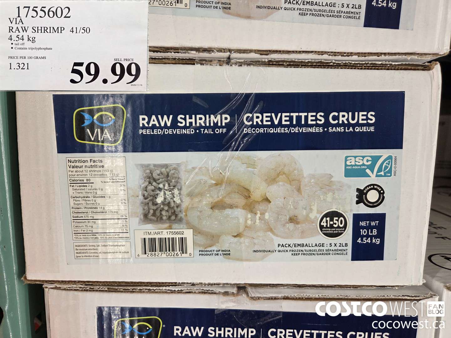 1755602 VIA RAW SHRIMP 41/50 4.54 kg $59.99