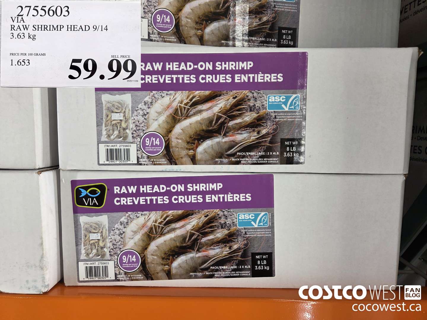 2755603 VIA RAW SHRIMP HEAD 9/14 3.63 kg $59.99