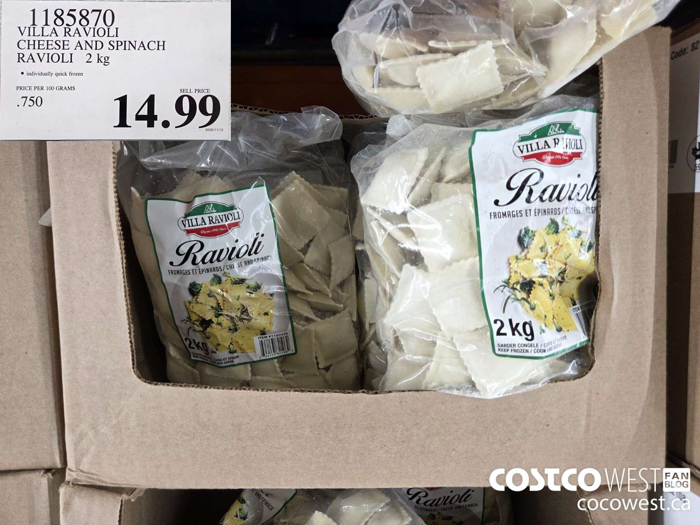 1185870 VILLA RAVIOLI CHEESE AND SPINACH RAVIOLI 2 kg $14.99