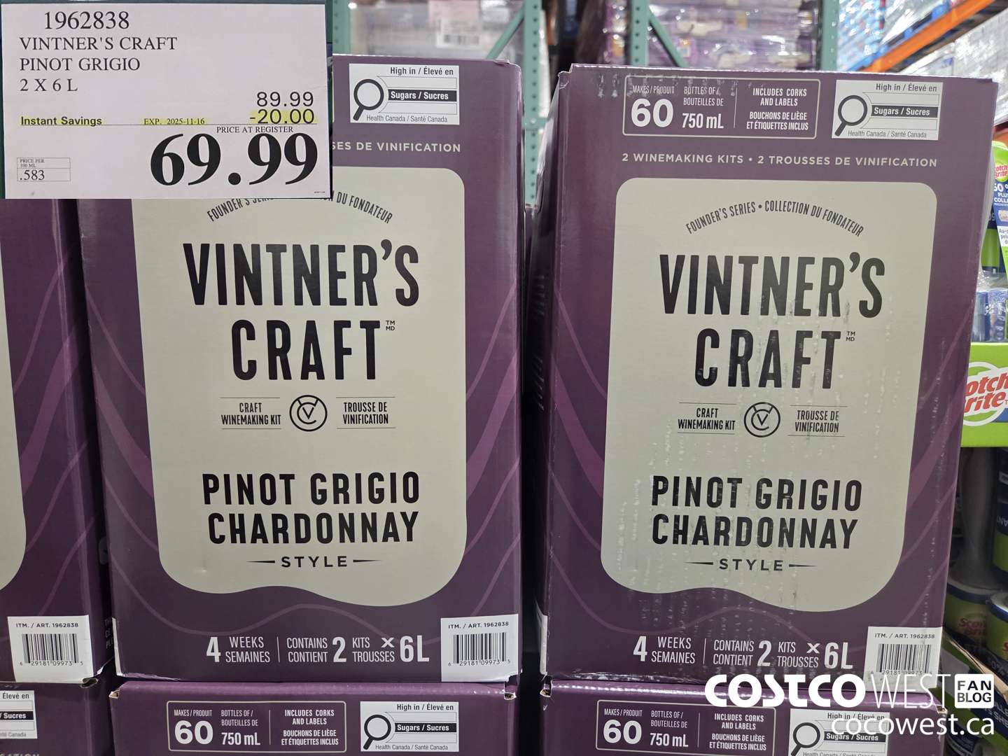 1962838 VINTNER'S CRAFT PINOT GRIGIO 2 X 6L ($20.00 INSTANT SAVINGS EXPIRES ON 2025-11-16) $69.99