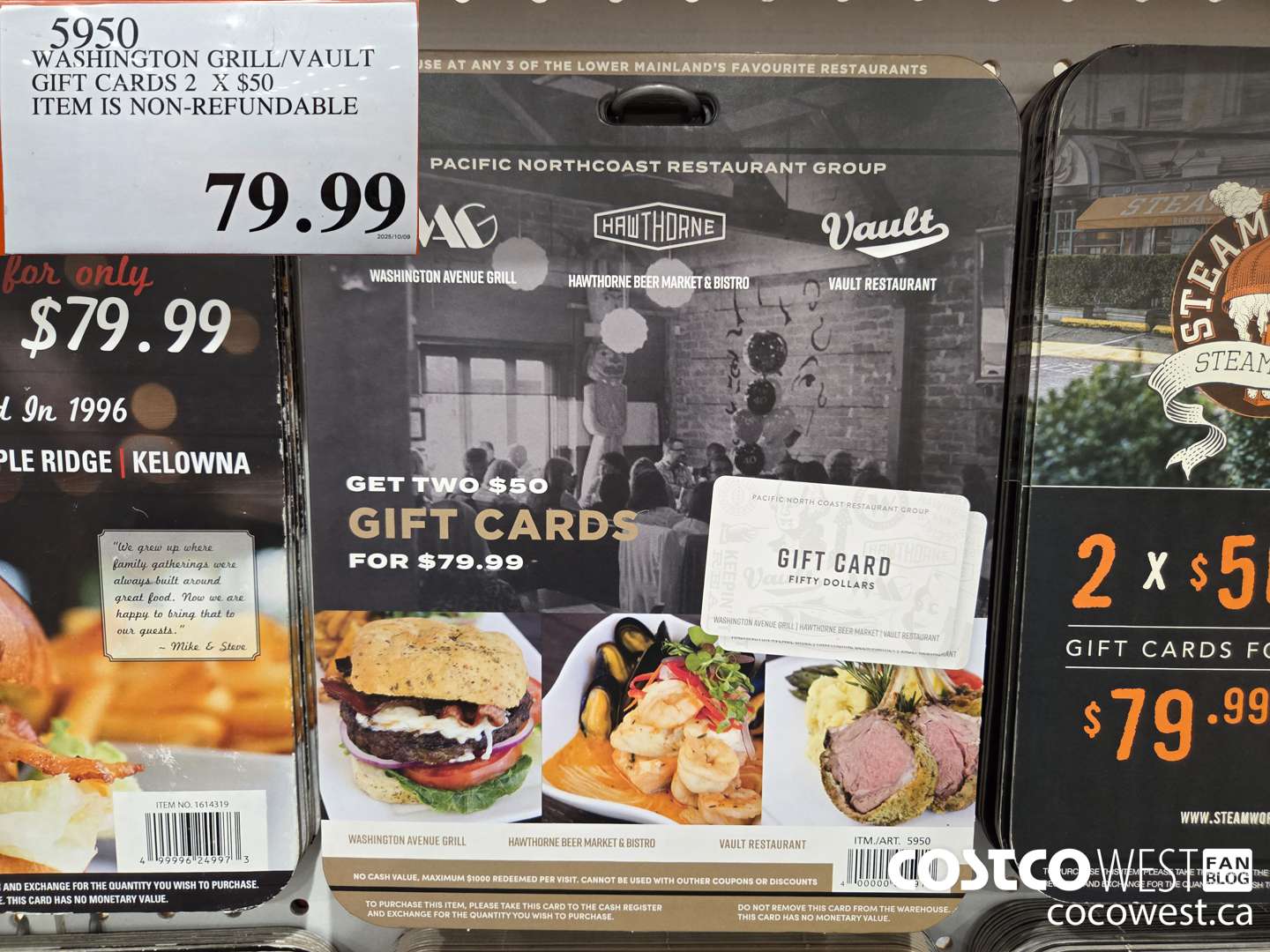 5950 WASHINGTON GRILL VAULT RESTAURANT GIFT CARD 2 X $50  $79.99