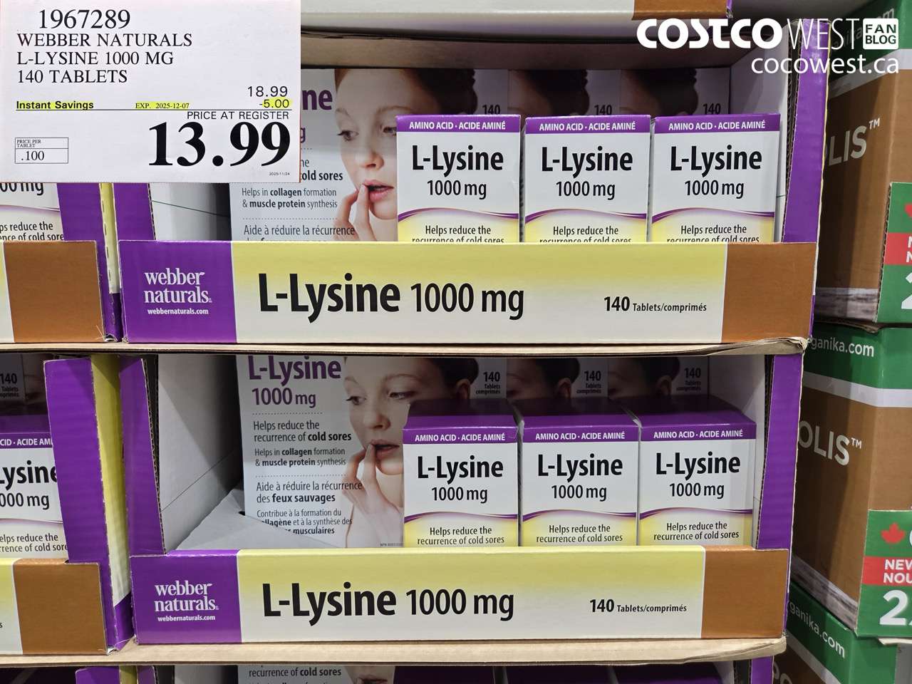 1967289 WEBBER NATURALS L-LYSINE 1000 MG 140 TABLETS ($5.00 INSTANT SAVINGS EXPIRES ON 2025-12-07) $13.99