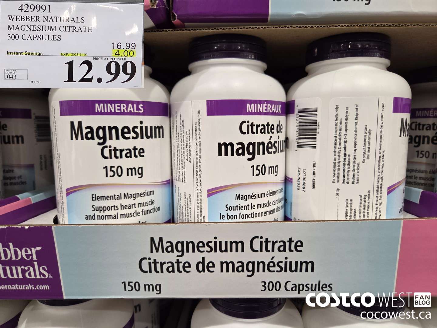 429991 WEBBER NATURALS MAGNESIUM CITRATE 300 CAPSULES ($4.00 INSTANT SAVINGS EXPIRES ON 2025-11-23) $12.99