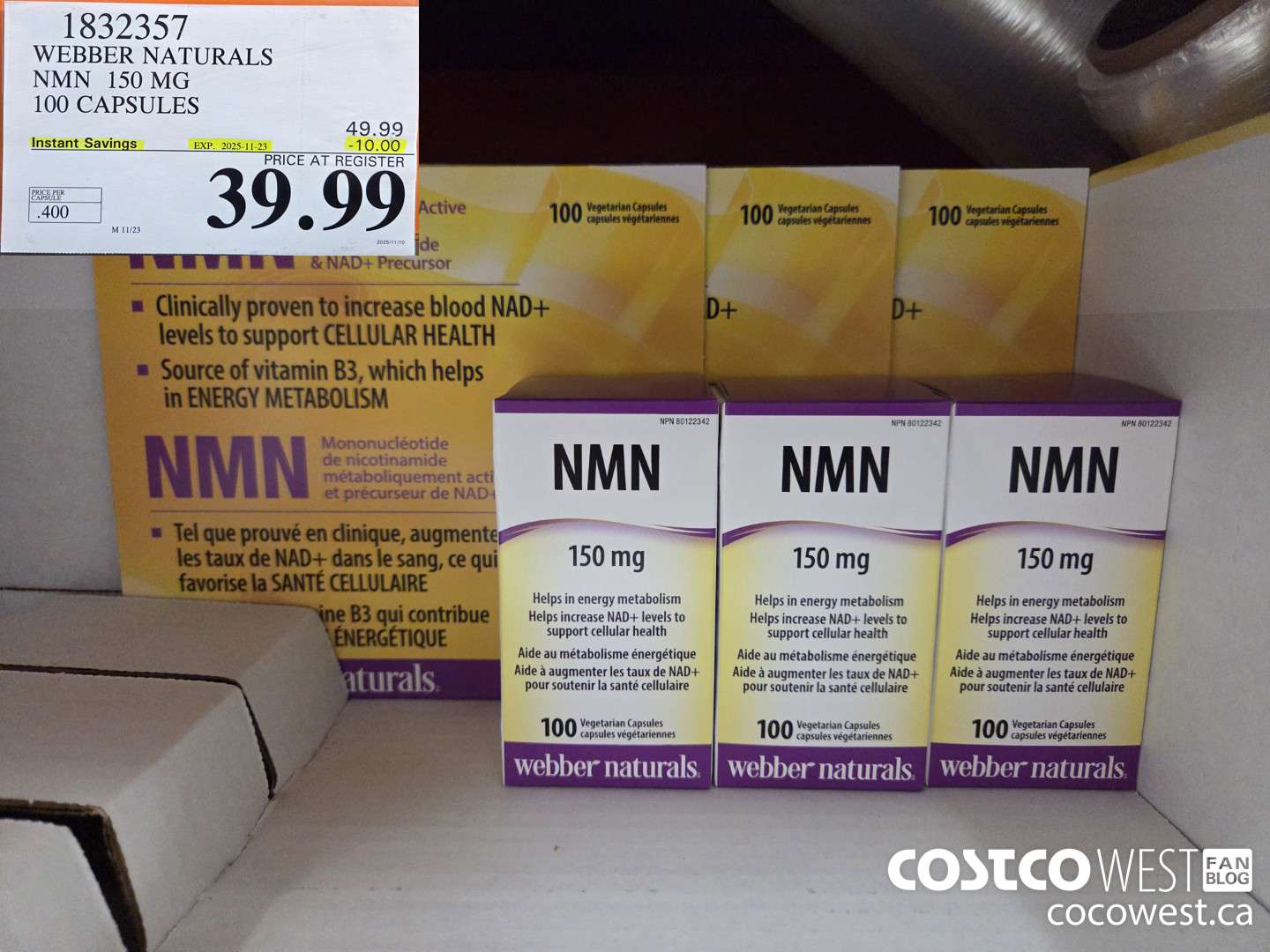 1832357 WEBBER NATURALS NMN 150MG 100 CAPSULES ($10.00 INSTANT SAVINGS EXPIRES ON 2025-11-23) $39.99