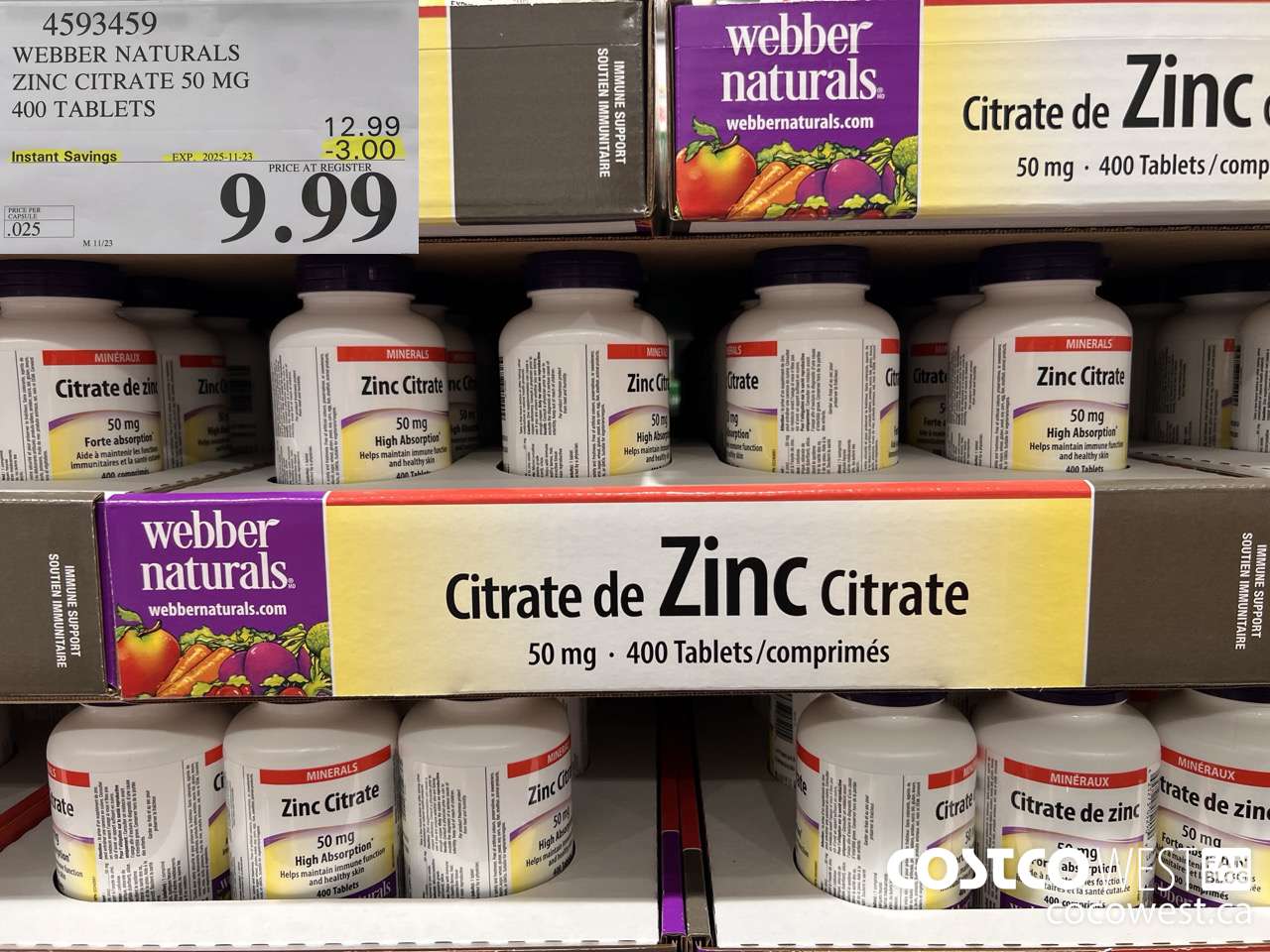 4593459 WEBBER NATURALS ZINC CITRATE 50MG 400 TABLETS ($3.00 INSTANT SAVINGS EXPIRES ON 2025-11-23) $9.99