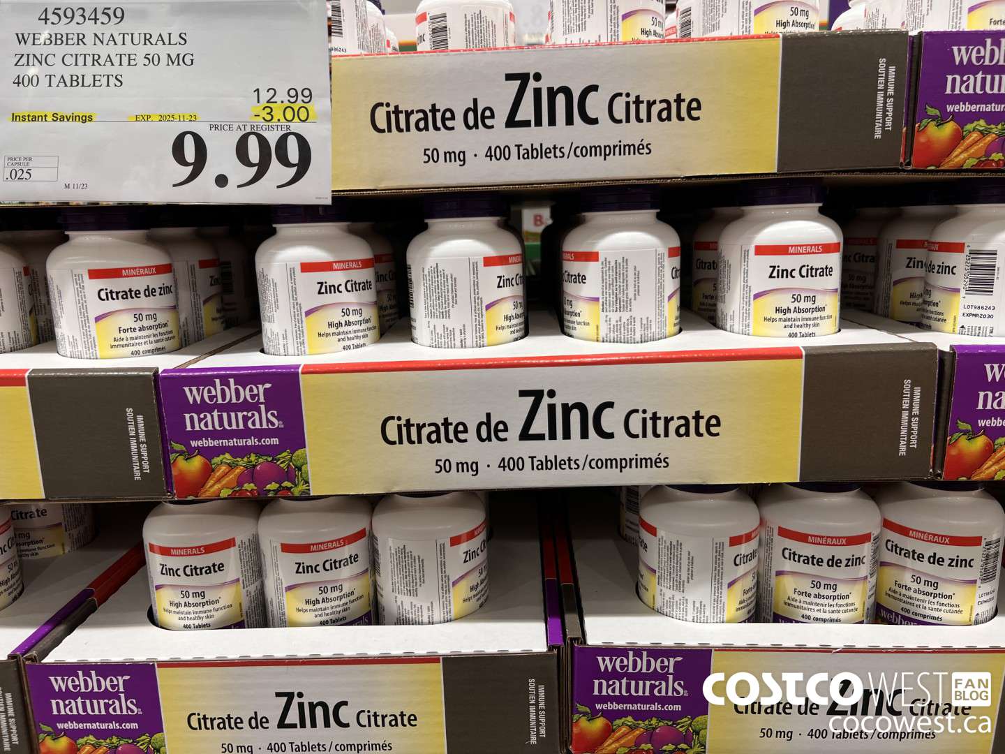 4593459 WEBBER NATURALS ZINC CITRATE 50MG 400 TABLETS ($3.00 INSTANT SAVINGS EXPIRES ON 2025-11-23) $9.99