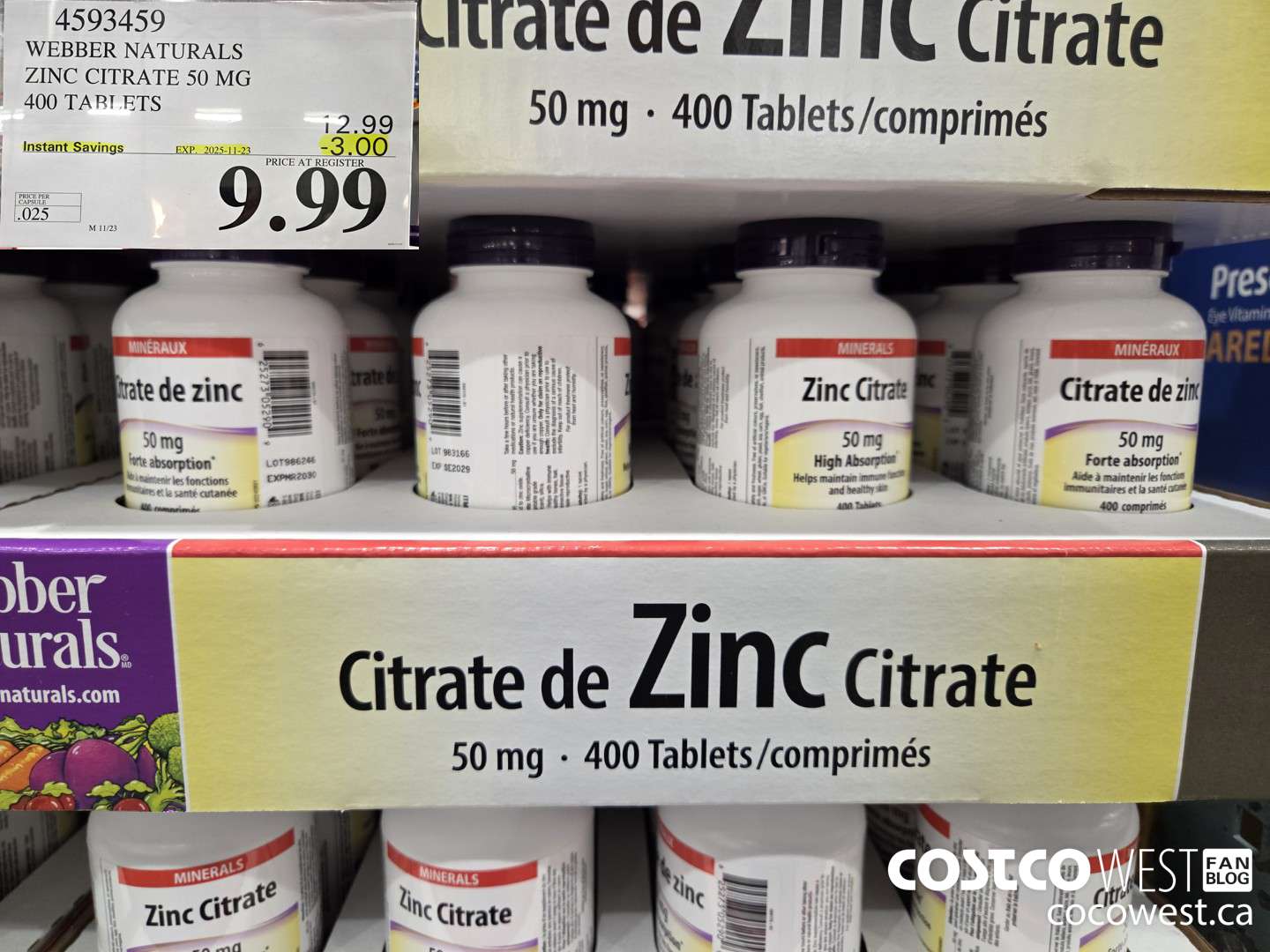 4593459 WEBBER NATURALS ZINC CITRATE 50MG 400 TABLETS ($3.00 INSTANT SAVINGS EXPIRES ON 2025-11-23) $9.99