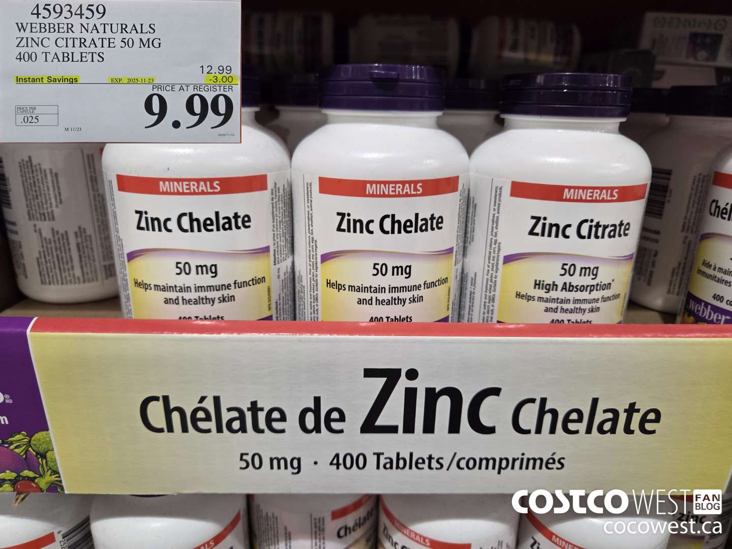 4593459 WEBBER NATURALS ZINC CITRATE 50MG 400 TABLETS ($3.00 INSTANT SAVINGS EXPIRES ON 2025-11-23) $9.99