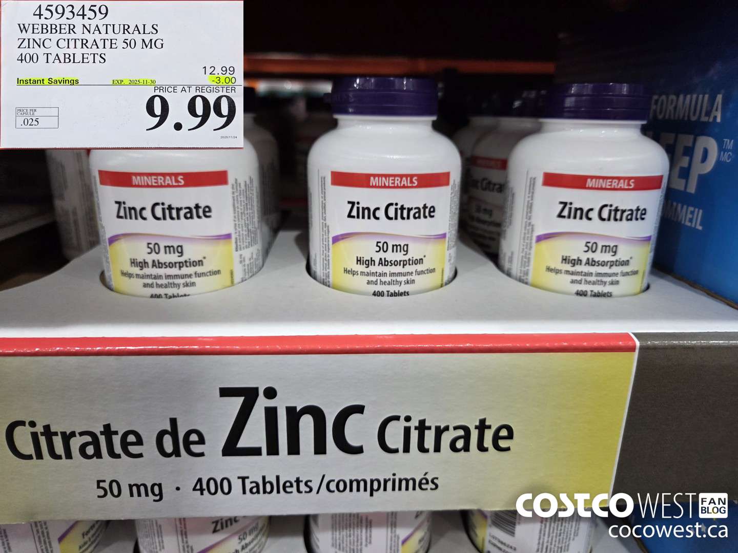 4593459 WEBBER NATURALS ZINC CITRATE 50MG 400 TABLETS ($3.00 INSTANT SAVINGS EXPIRES ON 2025-11-30) $9.99
