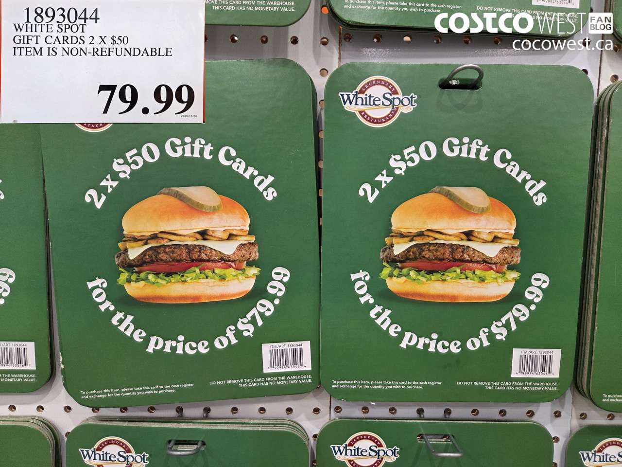 1893044 WHITE SPOT GIFT CARDS 2 X $50 ITEM IS NON-REFUNDABLE $79.99