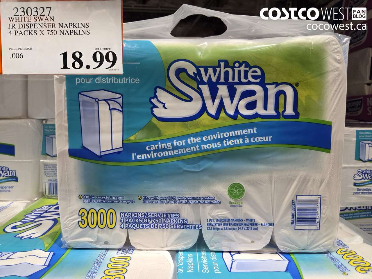 230327 WHITE SWAN JR DISPENSER NAPKINS 4 PACKS X 750 NAPKINS $18.99