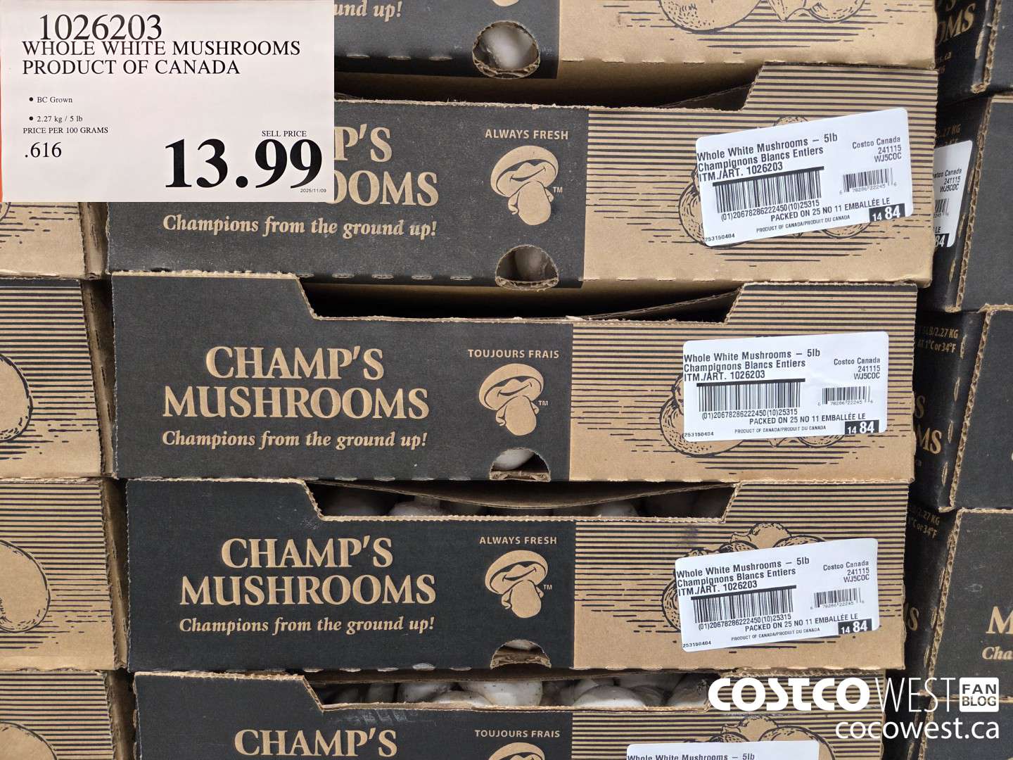 1026203 WHOLE WHITE MUSHROOMS PRODUCT OF CANADA $13.99