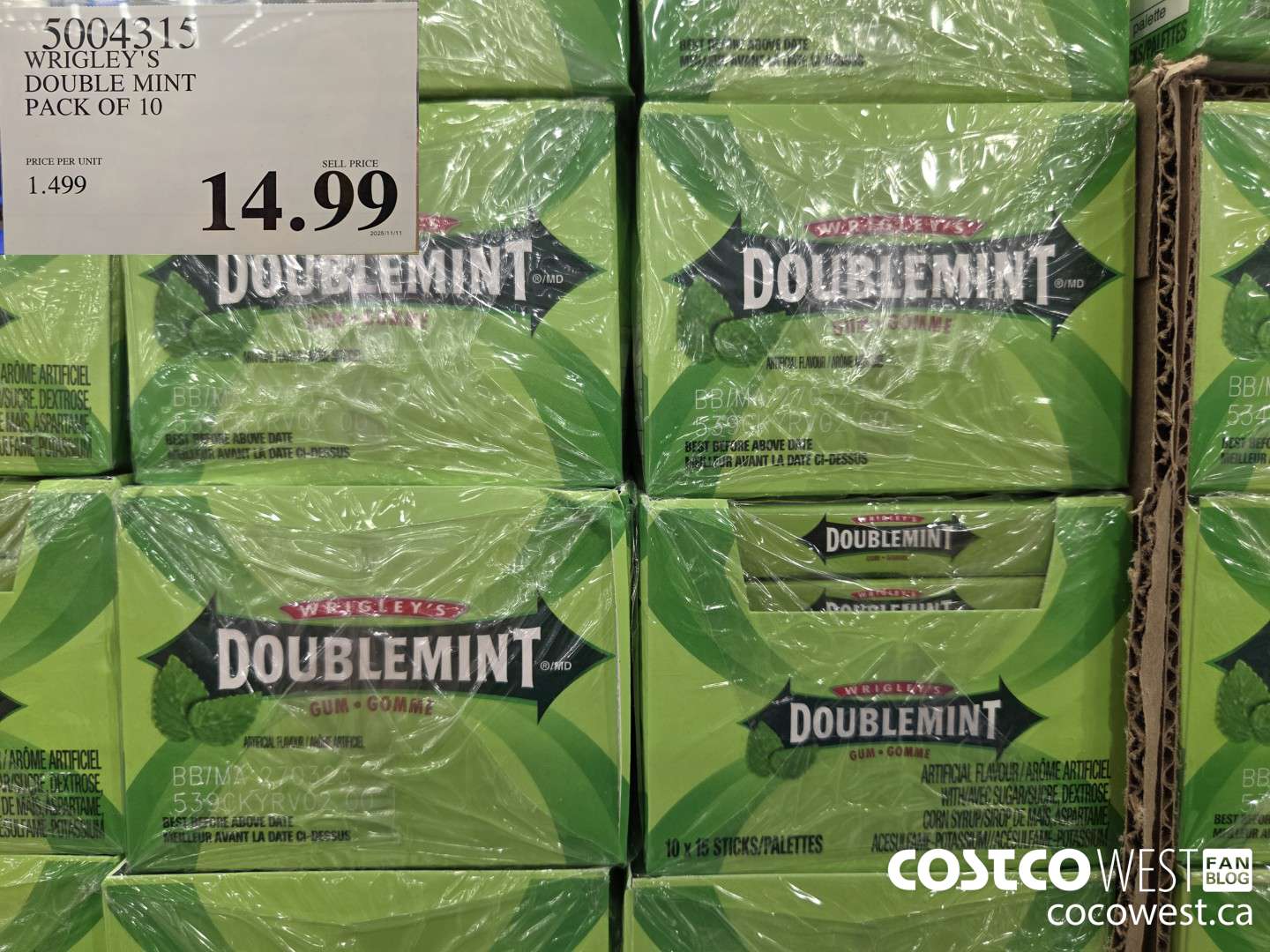 5004315 WRIGLEY'S DOUBLE MINT PACK OF 10 $14.99