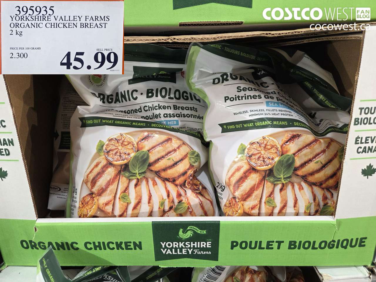 395935 YORKSHIRE FARMS ORGANIC CHICKEN BREAST 2 kg $45.99