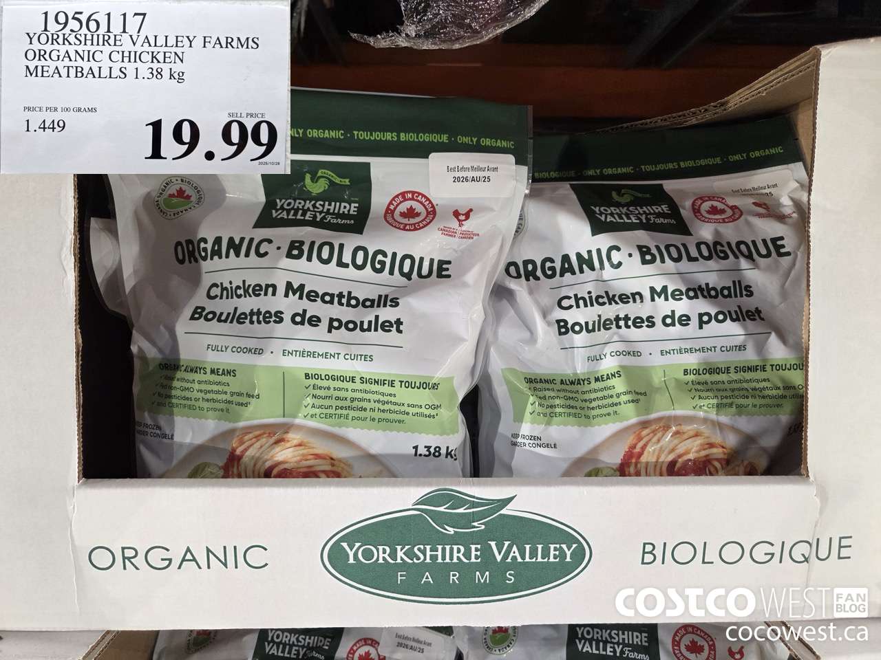 1956117 YORKSHIRE VALLEY FARMS ORGANIC CHICKEN MEATBALLS 1.38KG $19.99