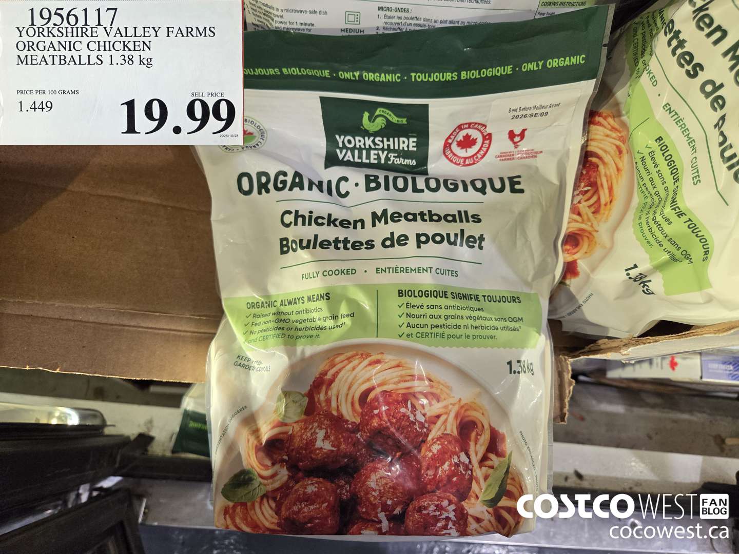 1956117 YORKSHIRE VALLEY FARMS ORGANIC CHICKEN MEATBALLS 1.38KG $19.99