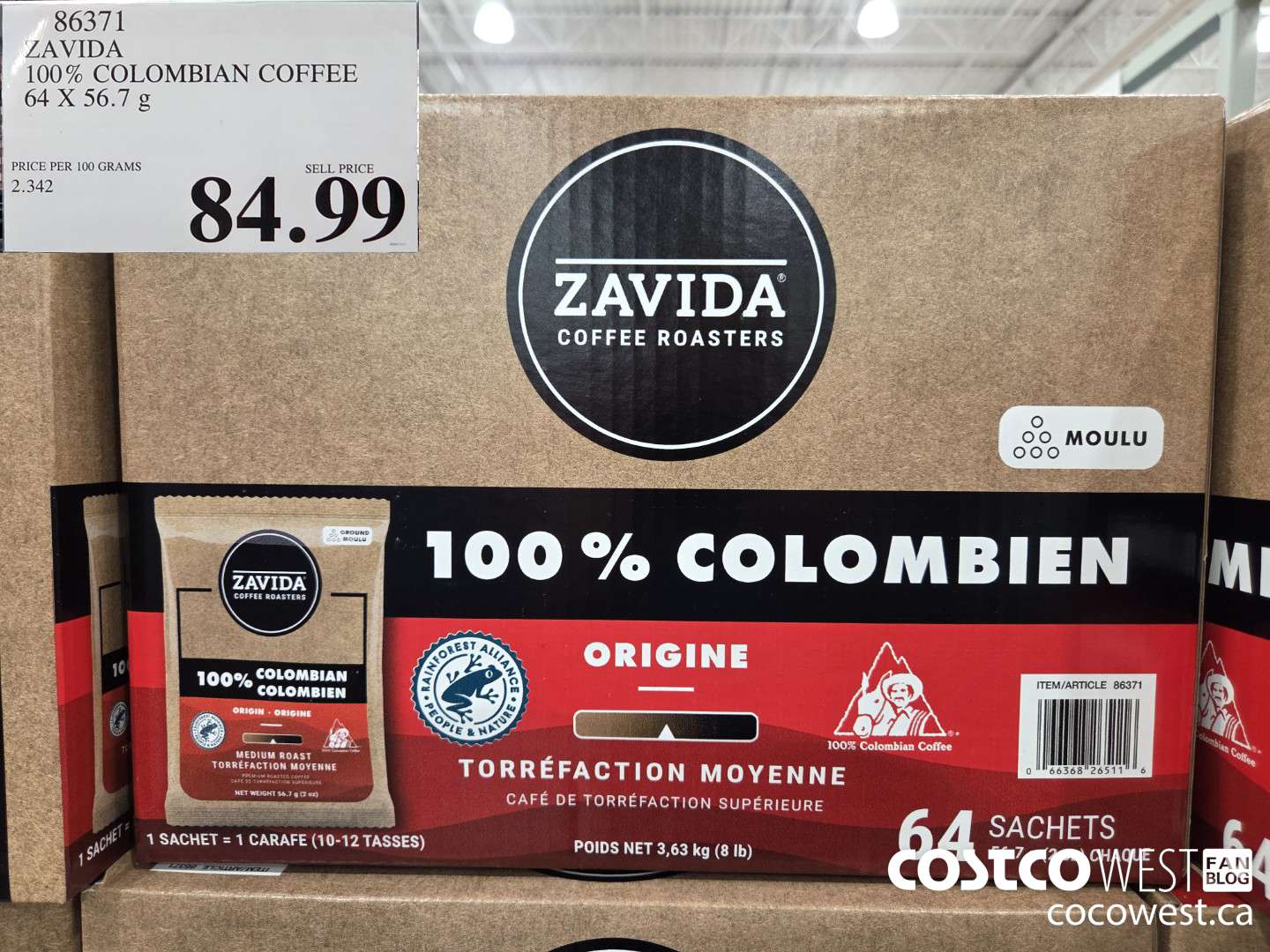86371 ZAVIDA 100% COLOMBIAN COFFEE 64 X 56.7 g $84.99