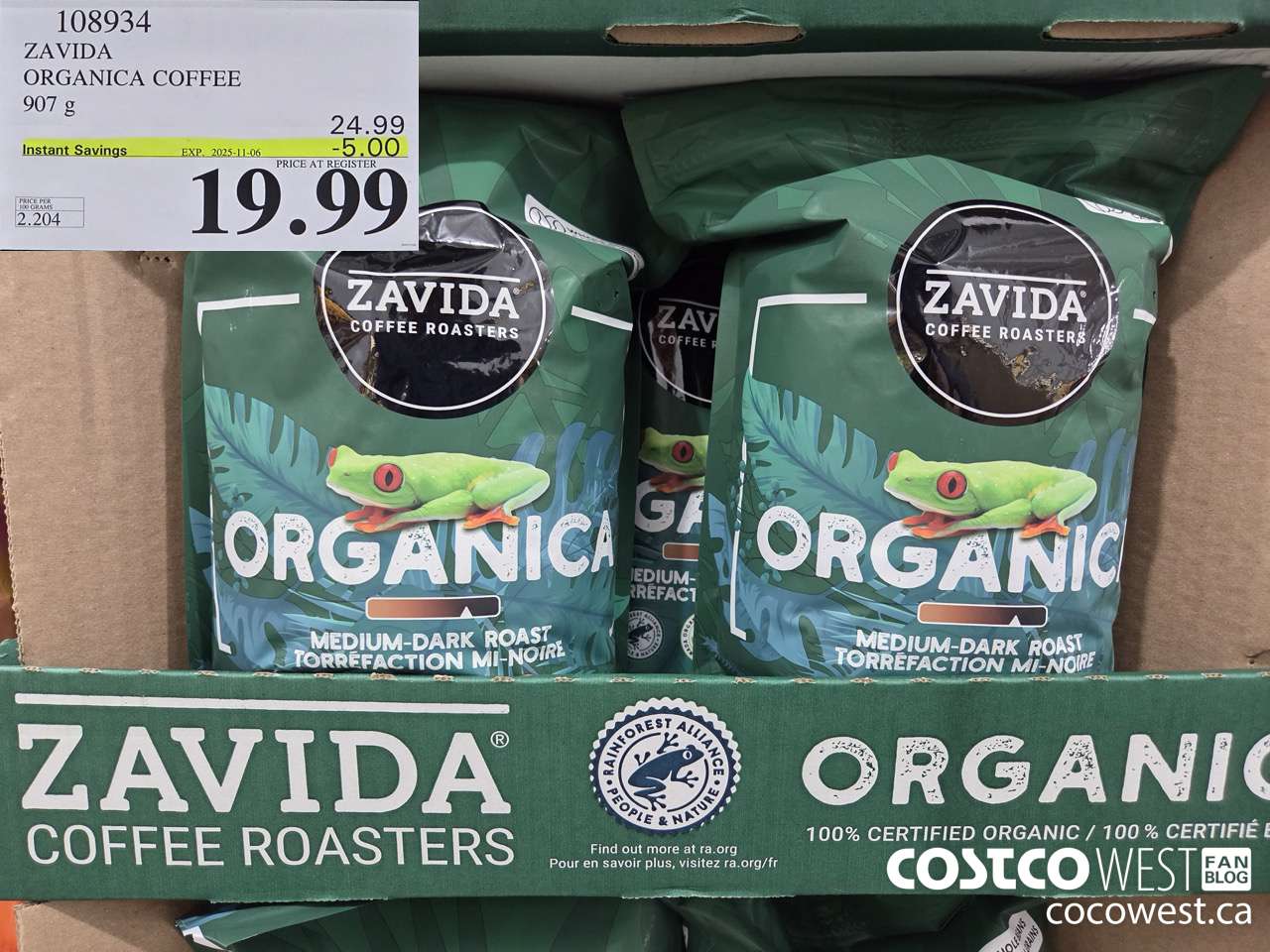 108934 ZAVIDA ORGANIC COFFEE 907G ($5.00 INSTANT SAVINGS EXPIRES ON 2025-11-06) $19.99