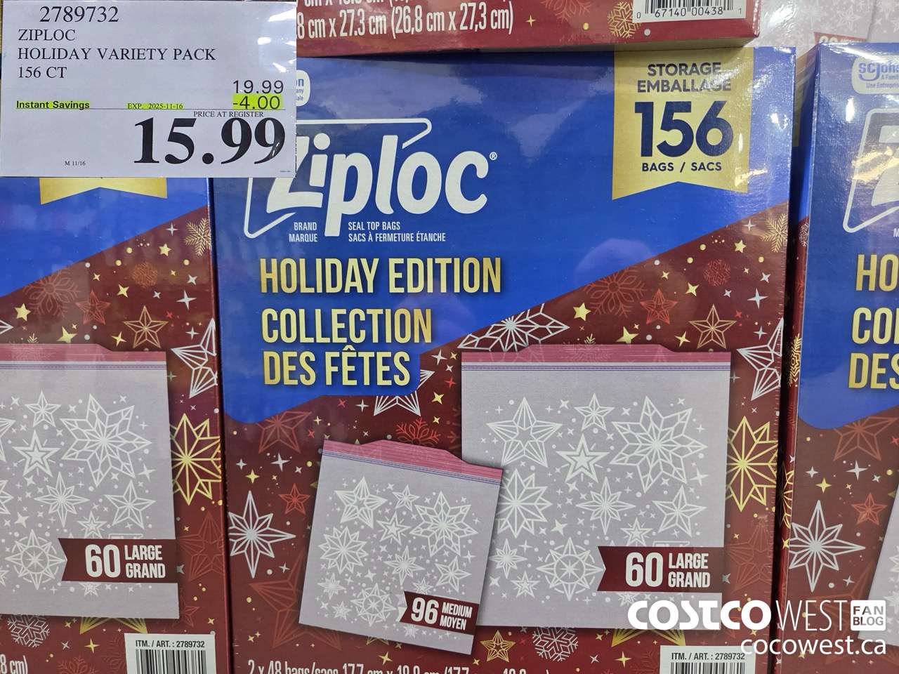 2789732 ZIPLOC HOLIDAY VARIETY PACK 156CT ($4.00 INSTANT SAVINGS EXPIRES ON 2025-11-16) $15.99