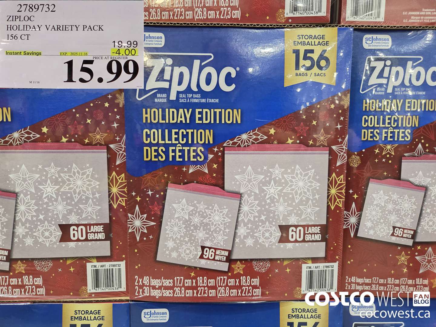 2789732 ZIPLOC HOLIDAY VARIETY PACK 156CT ($4.00 INSTANT SAVINGS EXPIRES ON 2025-11-16) $15.99