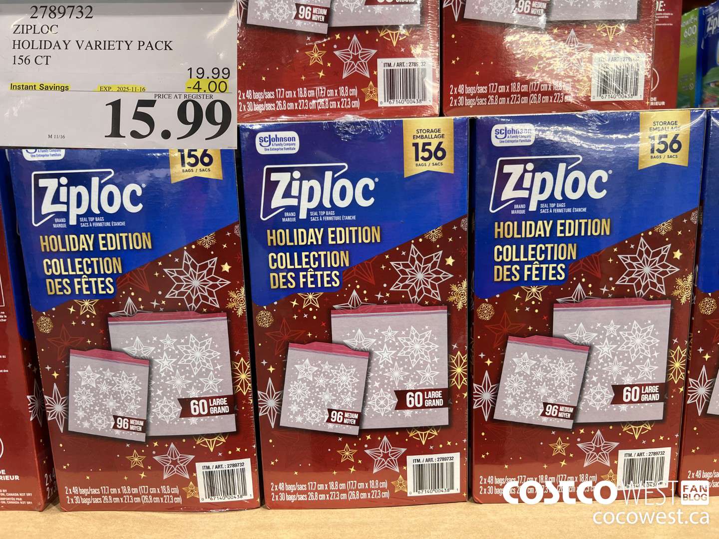 2789732 ZIPLOC HOLIDAY VARIETY PACK 156CT ($4.00 INSTANT SAVINGS EXPIRES ON 2025-11-16) $15.99