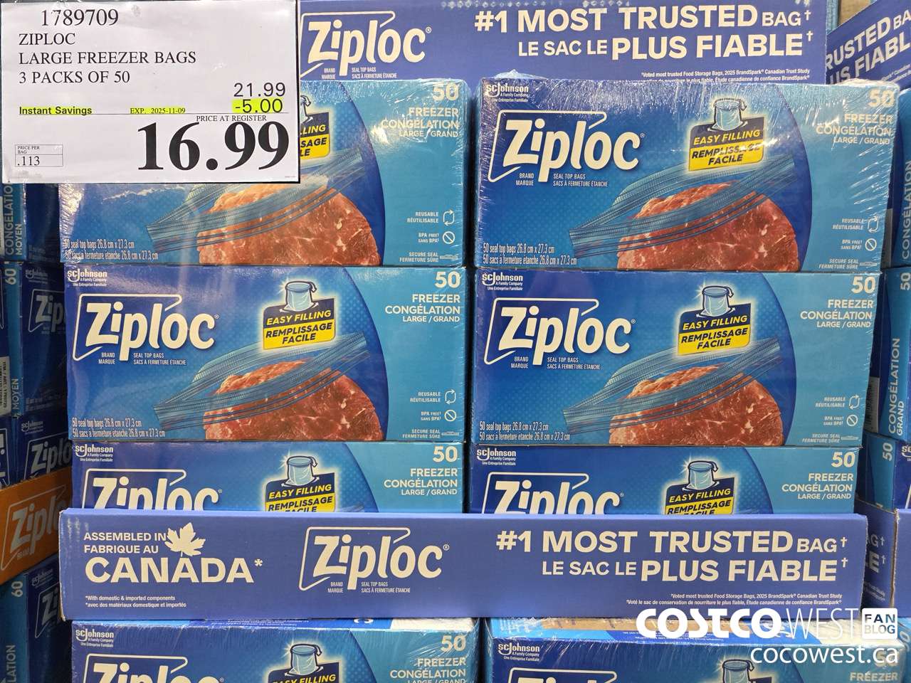 1789709 ZIPLOC LARGE FREEZER BAG 3 X 50 2025-01-9 ($5.00 INSTANT SAVINGS EXPIRES ON 2025-11-09) $16.99