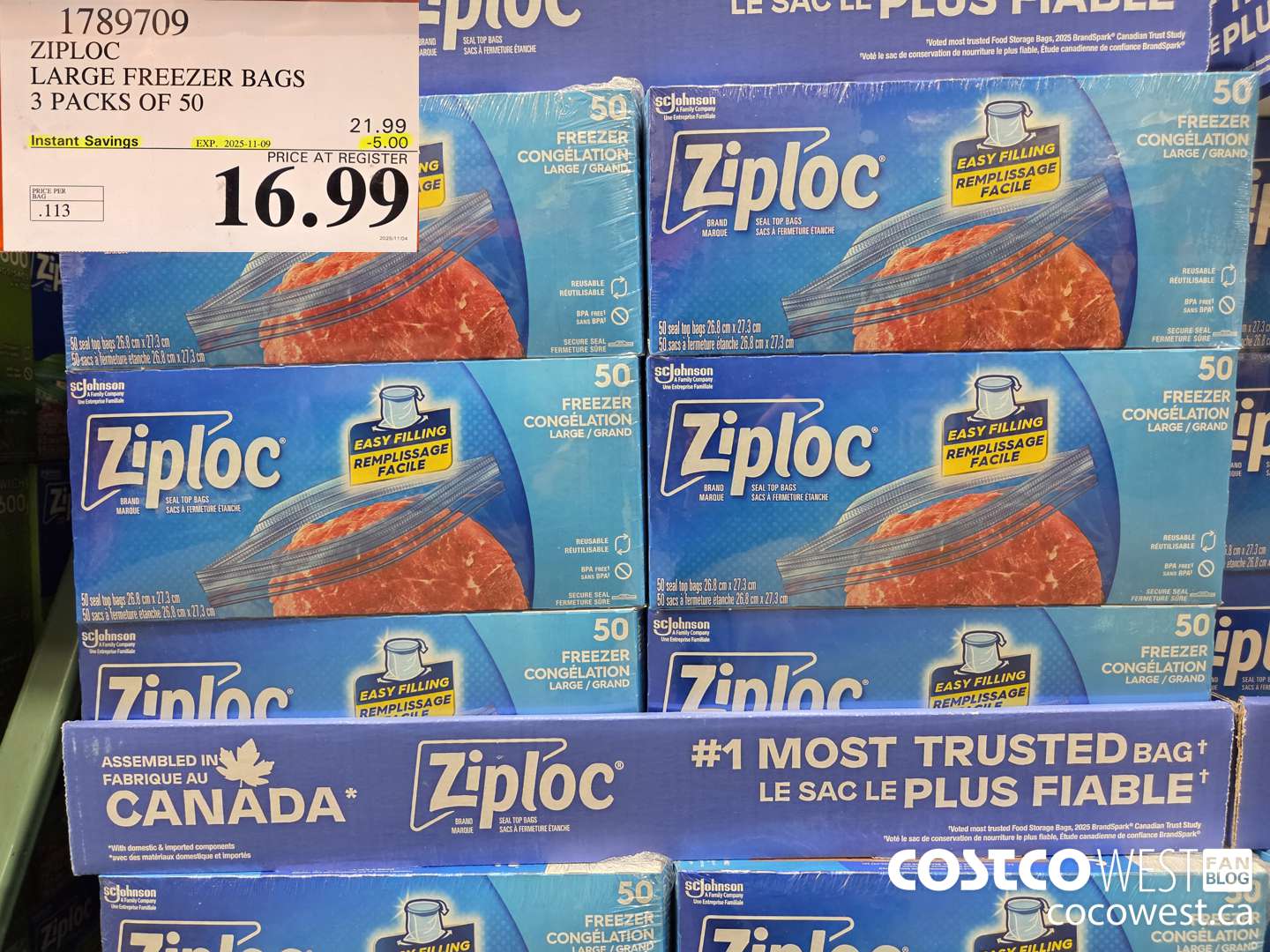 1789709 ZIPLOC LARGE FREEZER BAG 3 X 50 2025-01-9 ($5.00 INSTANT SAVINGS EXPIRES ON 2025-11-09) $16.99