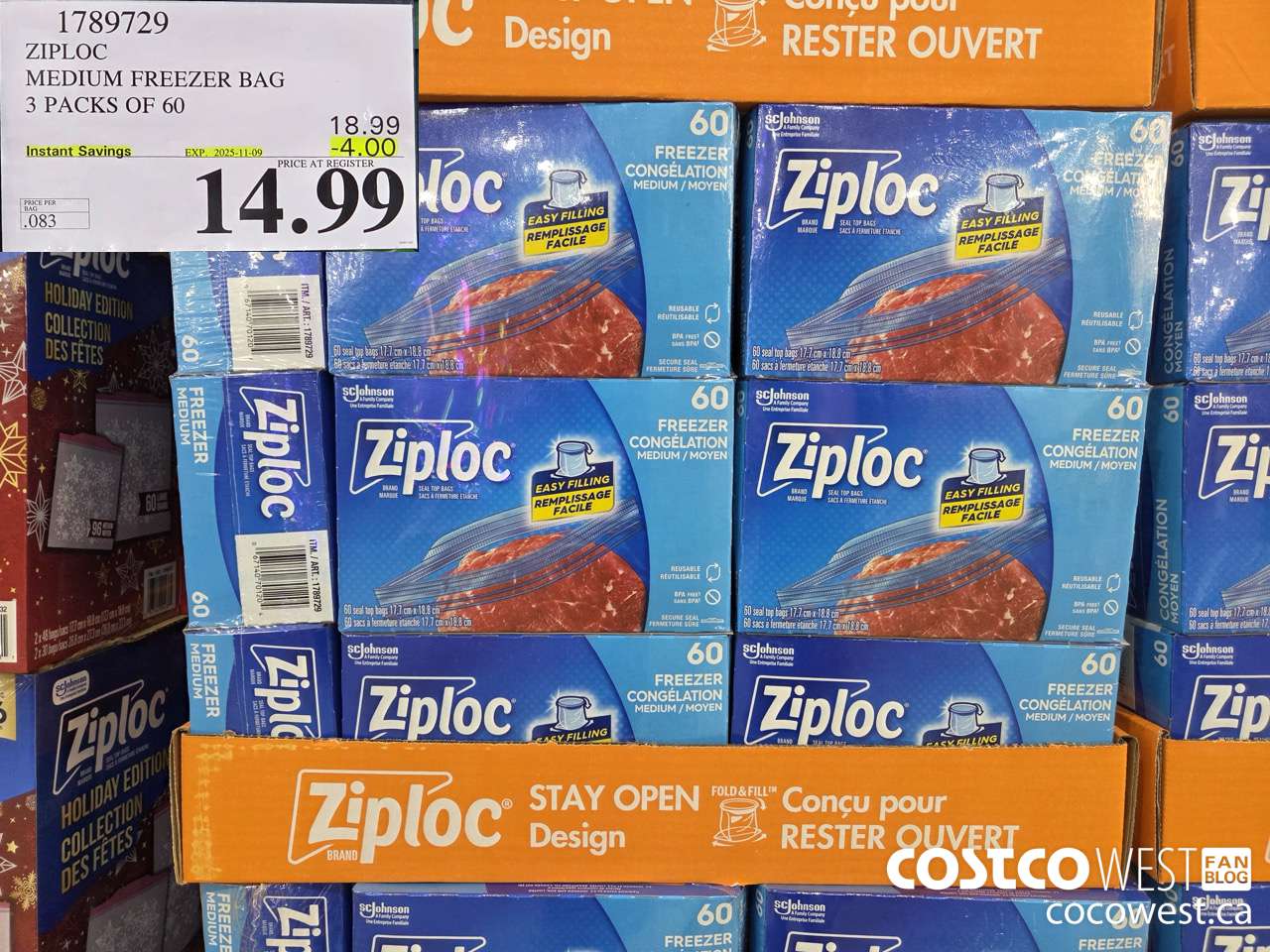 1789729 ZIPLOC MEDIUM FREEZER BAG 3 x 60 ($4.00 INSTANT SAVINGS EXPIRES ON 2025-11-09) $14.99