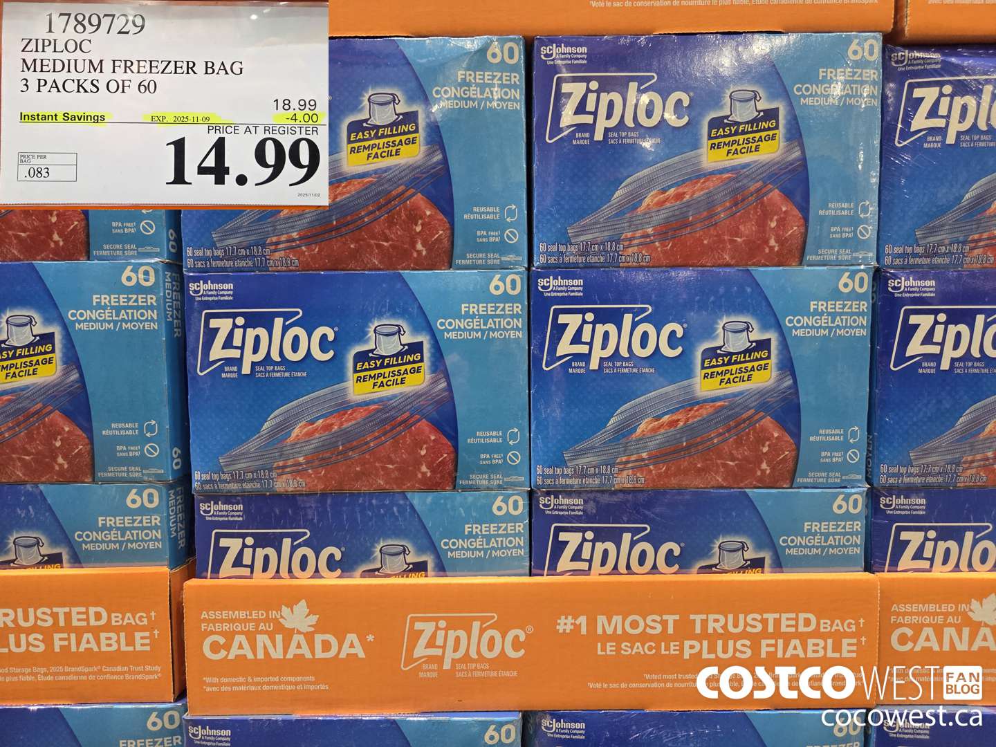 1789729 ZIPLOC MEDIUM FREEZER BAG 3 x 60 ($4.00 INSTANT SAVINGS EXPIRES ON 2025-11-09) $14.99