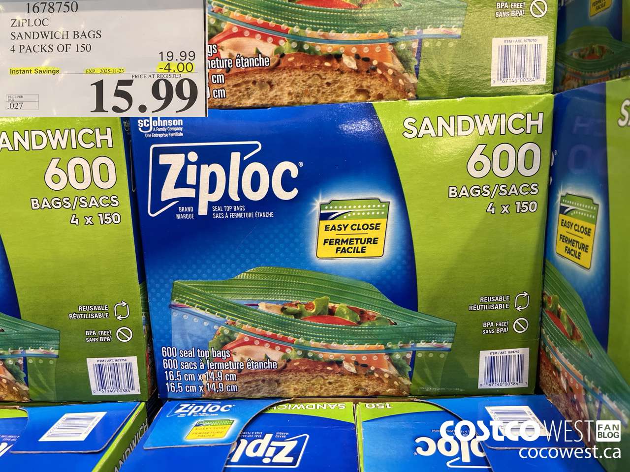 1678750 ZIPLOC SANDWICH BAGS 4 X 150 ($4.00 INSTANT SAVINGS EXPIRES ON 2025-11-23) $15.99