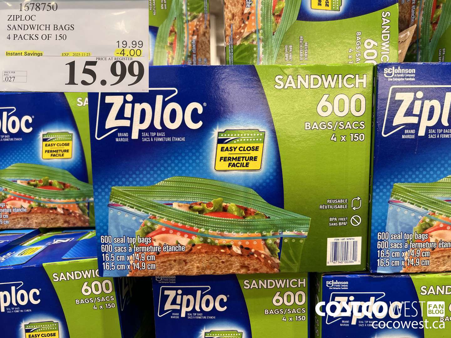 1678750 ZIPLOC SANDWICH BAGS 4 X 150 ($4.00 INSTANT SAVINGS EXPIRES ON 2025-11-23) $15.99
