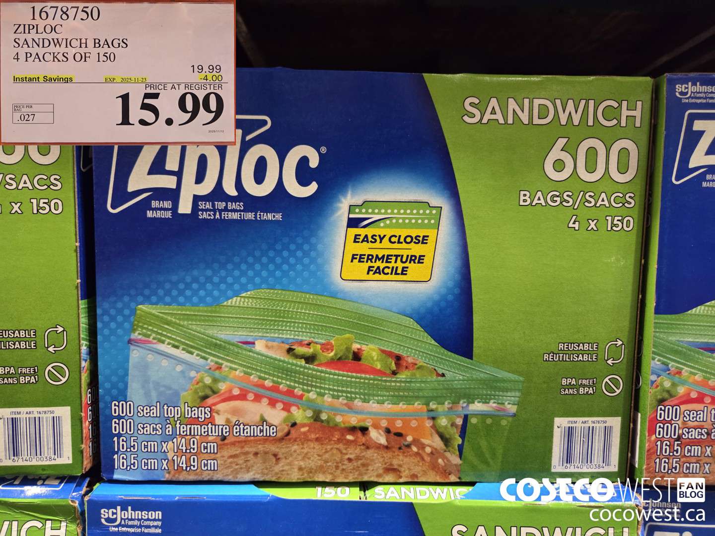 1678750 ZIPLOC SANDWICH BAGS 4 X 150 ($4.00 INSTANT SAVINGS EXPIRES ON 2025-11-23) $15.99