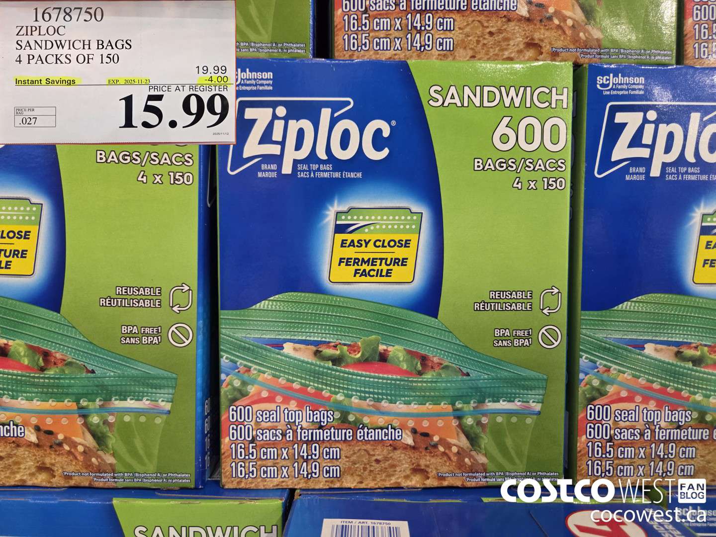 1678750 ZIPLOC SANDWICH BAGS 4 X 150 ($4.00 INSTANT SAVINGS EXPIRES ON 2025-11-23) $15.99