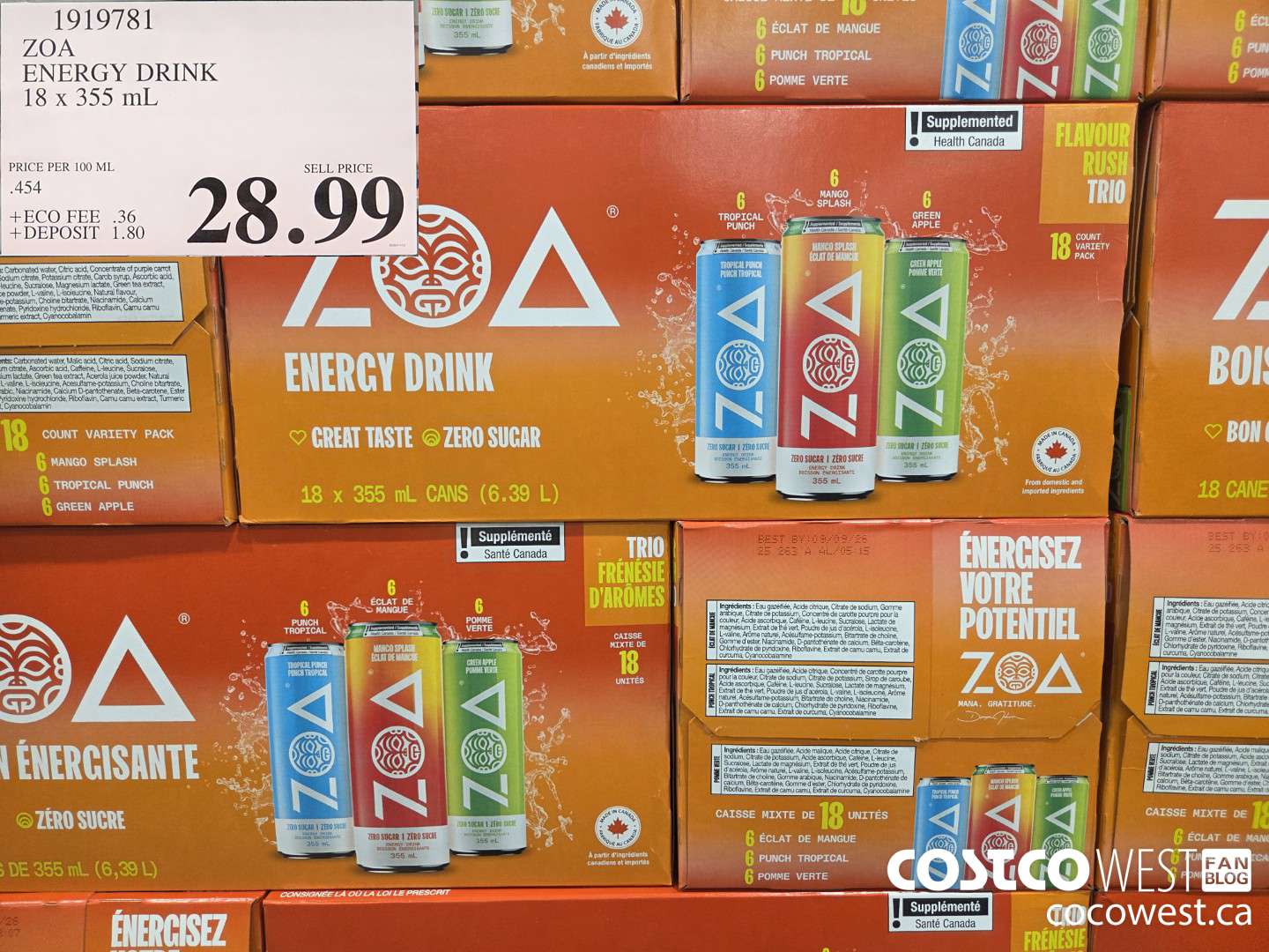 1919781 ZOA ENERGY DRINK 18 x 355 mL $28.99