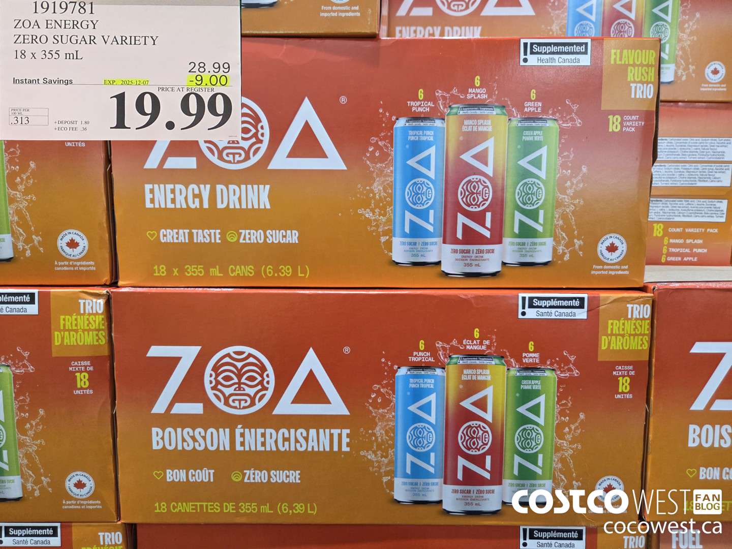 1919781 ZOA ENERGY DRINK 18 x 355 mL ($9.00 INSTANT SAVINGS EXPIRES ON 2025-12-07) $19.99