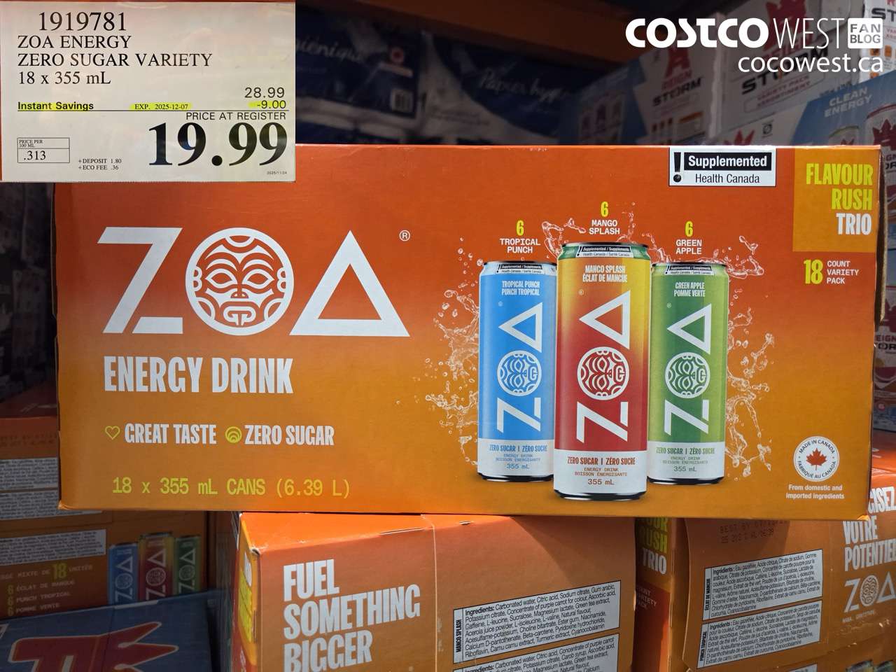 1919781 ZOA ENERGY DRINK 18 x 355 mL ($9.00 INSTANT SAVINGS EXPIRES ON 2025-12-07) $19.99